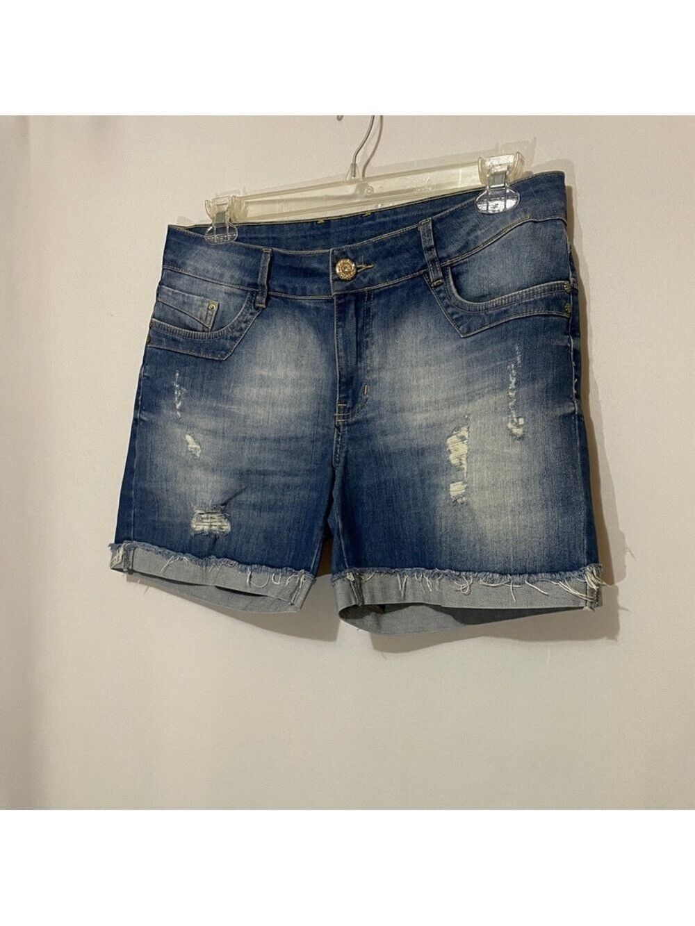 Women's Blue Distressed Rolled-Hem Denim Shorts Size 16(US) 44(EU)